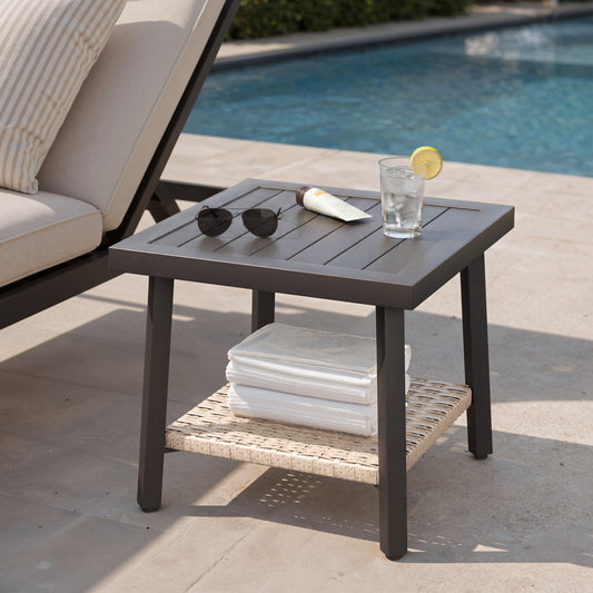 Alto Outdoor Side Table with Storage Shelf, Aluminum Patio Side Table with Wicker Bottom Shelf for Balcony, Garden, Deck