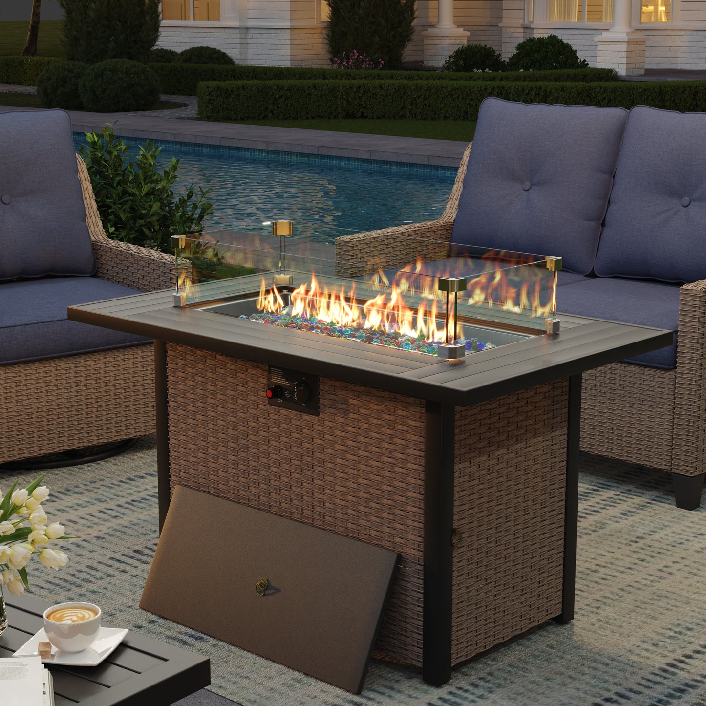 Alto Outdoor Fire Pit Table with Glass Wind Guard, Propane Gas Fire Table, 50,000 BTU Patio Firepit Table with Lid, Wicker Rattan Base, Metal Top, for Backyard, Garden, Porch