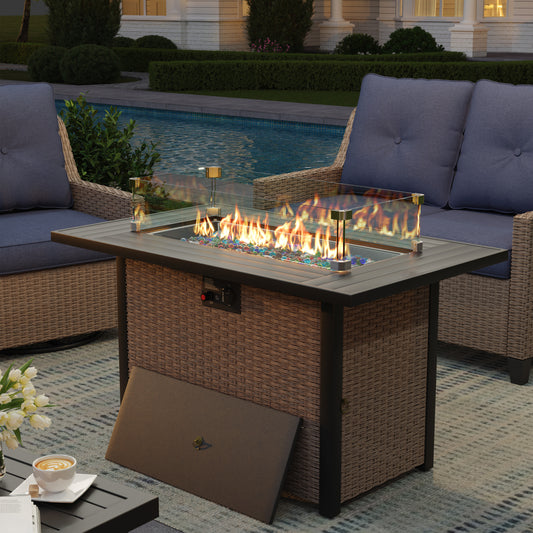 Alto Outdoor Fire Pit Table with Glass Wind Guard, Propane Gas Fire Table, 50,000 BTU Patio Firepit Table with Lid, Wicker Rattan Base, Metal Top, for Backyard, Garden, Porch