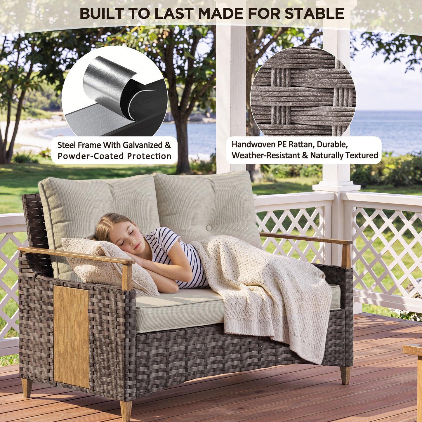 Melvarn Outdoor Wicker Sofa with Cushions, 2-Seat Patio Couch, All-Weather Rattan Outdoor Furniture for Backyard, Balcony, Porch & Garden Seating