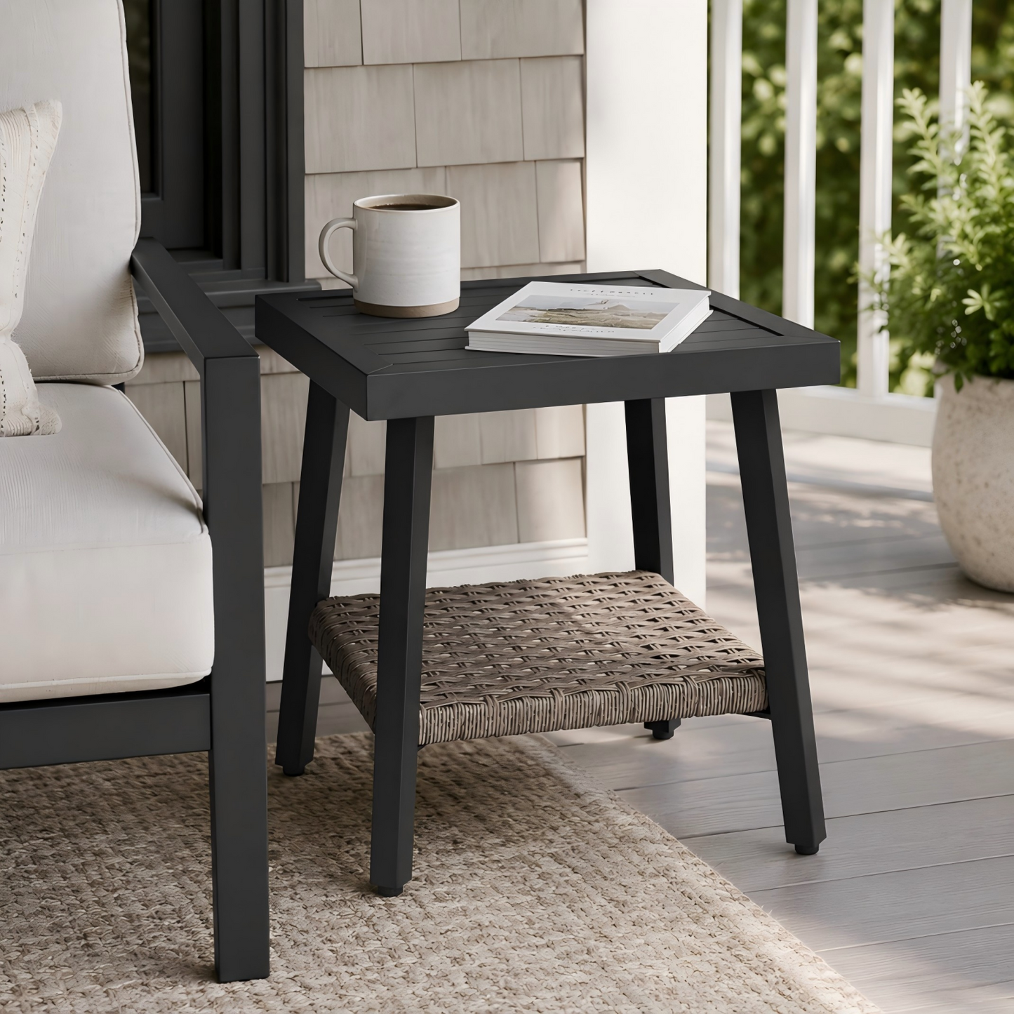 NestNook Outdoor Side Table with Storage Shelf, Aluminum Patio Side Table with Wicker Bottom Shelf for Balcony, Garden, Deck, Black