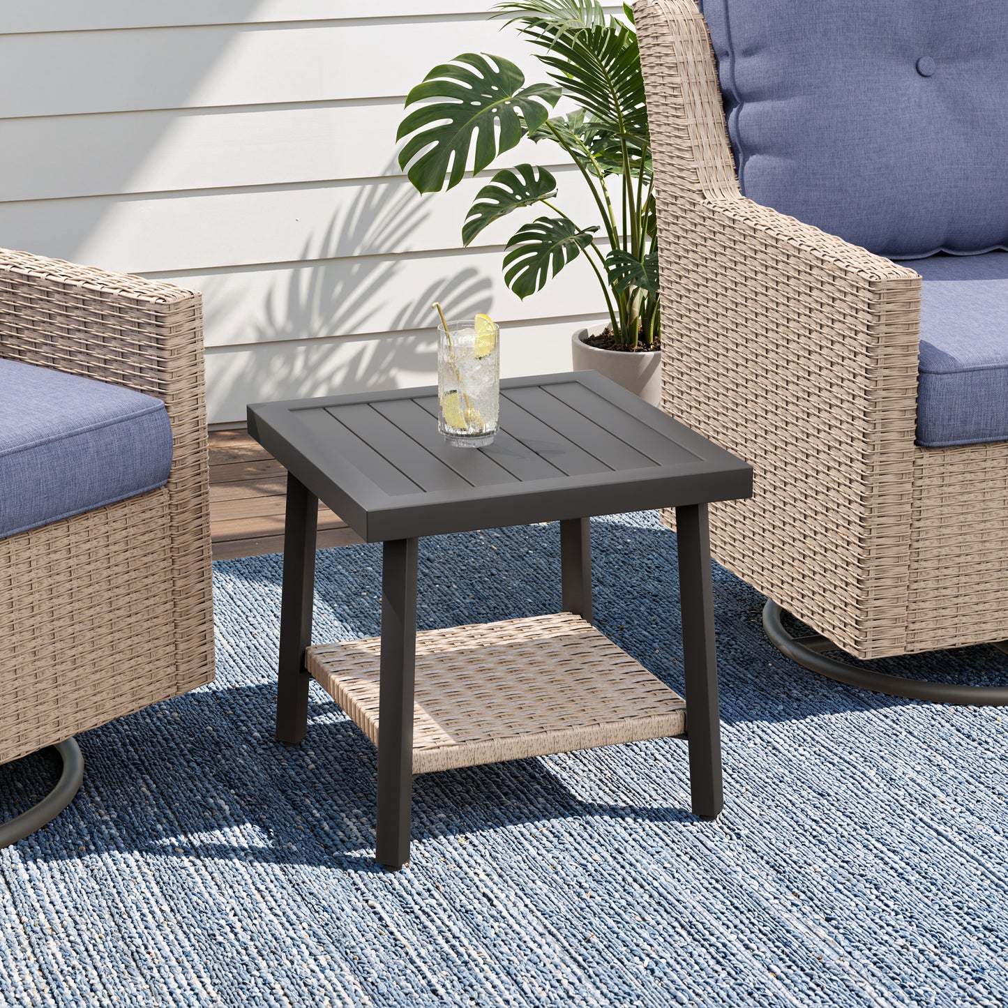 Alto Outdoor Side Table with Storage Shelf, Aluminum Patio Side Table with Wicker Bottom Shelf for Balcony, Garden, Deck