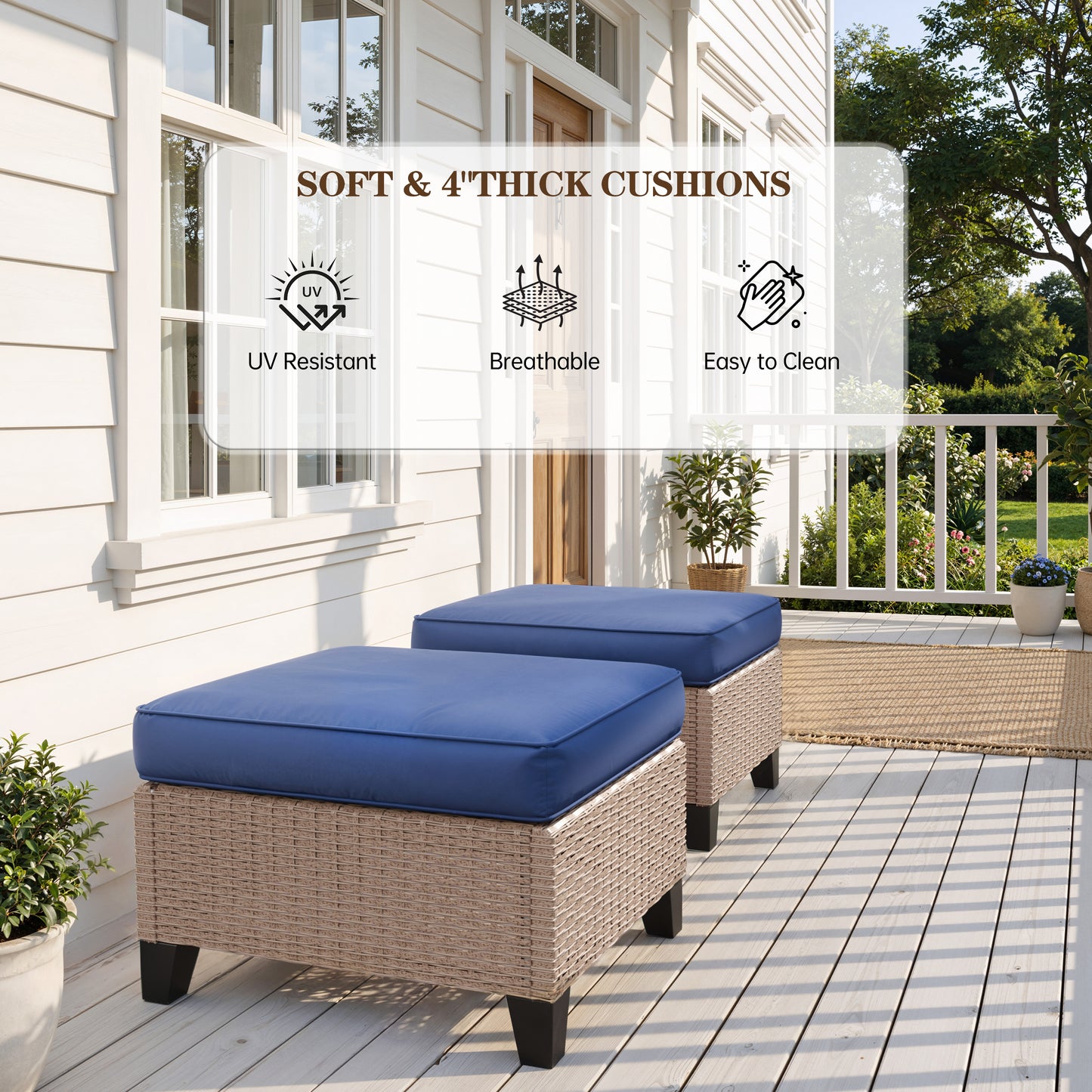 Alto Outdoor Ottoman Set of 2, Wicker Patio Ottomans with 4" Cushions, Outdoor Footstools and Foot Rest for Patio, Porch, Balcony