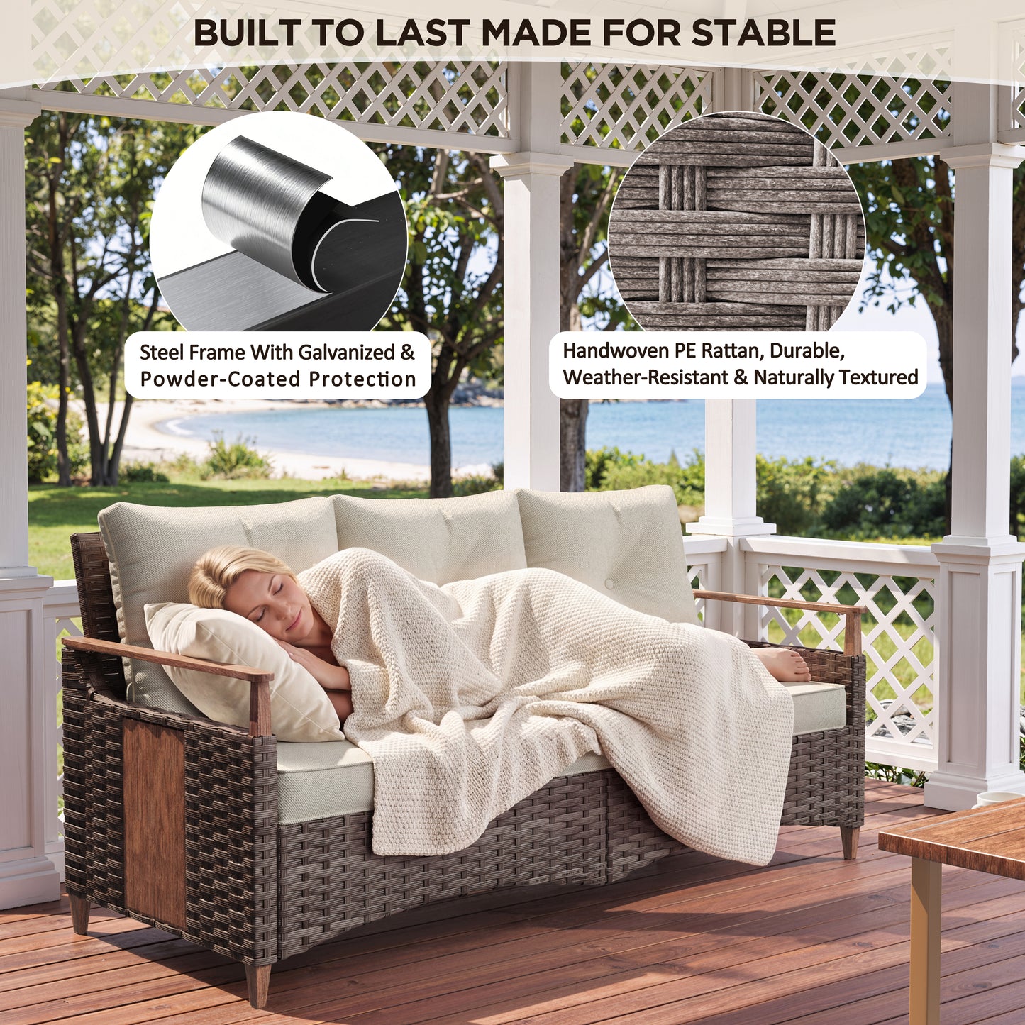 Melvarn Outdoor Wicker Sofa with Cushions, 3-Seat Patio Couch, All-Weather Rattan Outdoor Furniture for Backyard, Balcony, Porch & Garden Seating