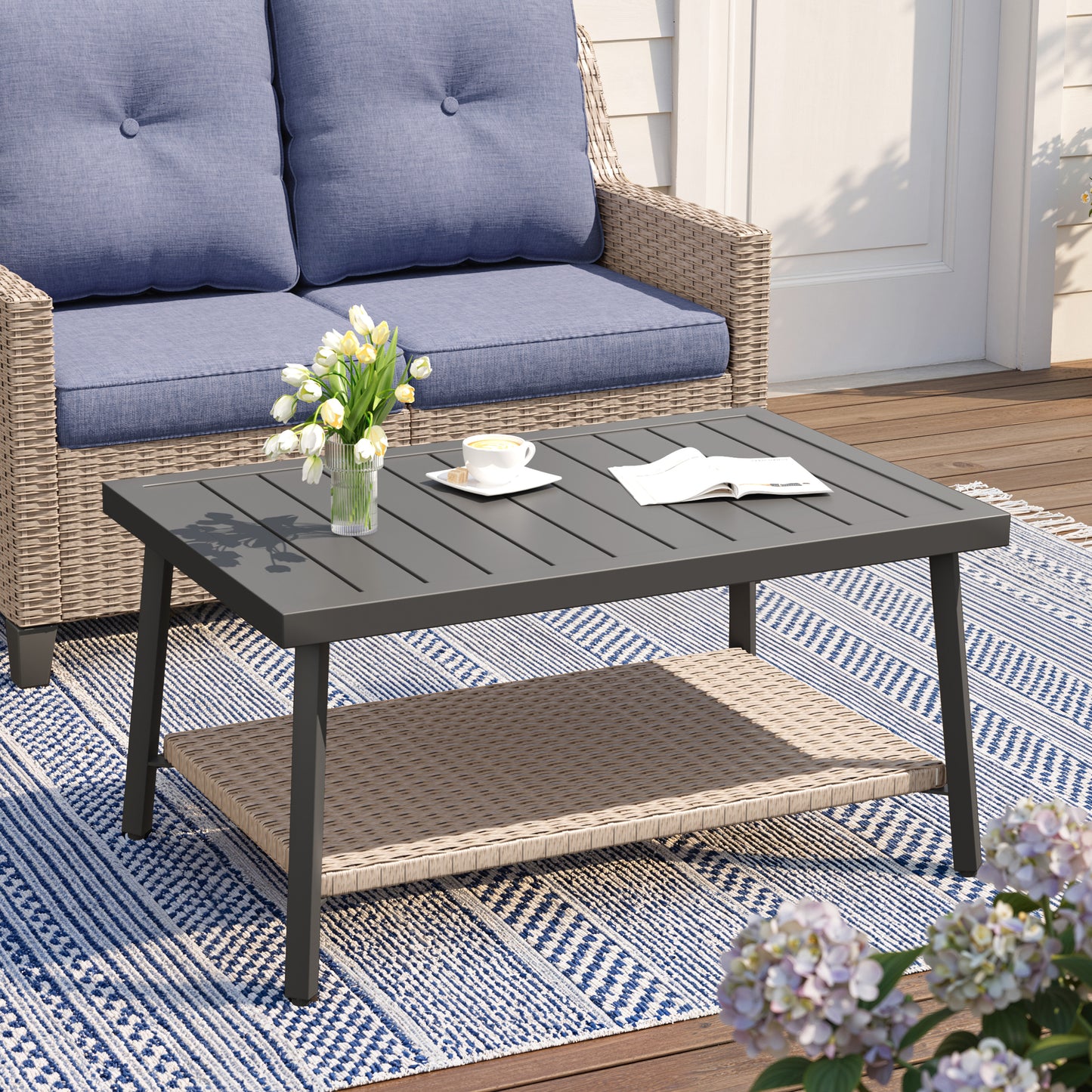 Alto Outdoor Coffee Table, Modern Rectangular Patio Table with Aluminum Top and Metal Frame for Garden, Deck, Balcony,Poolside