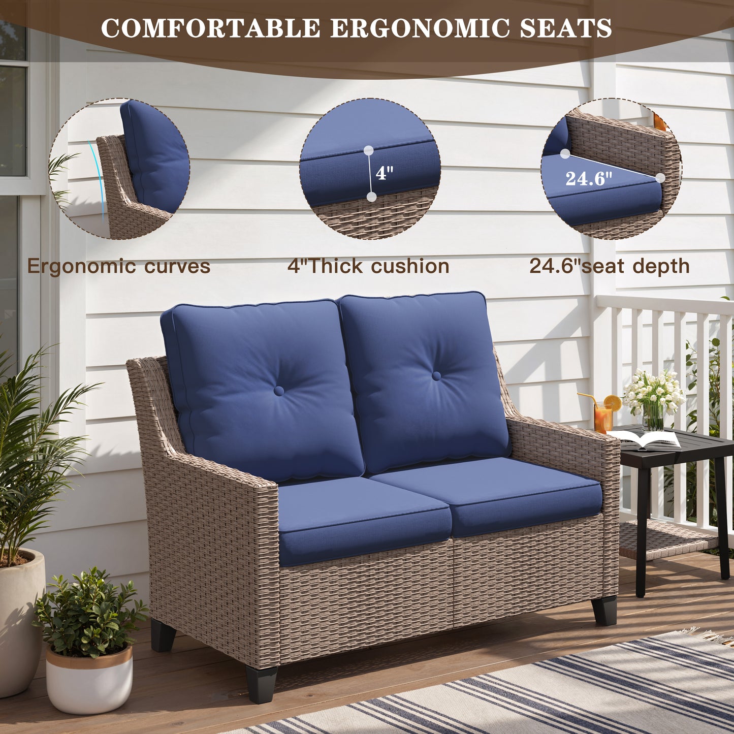 Alto 2-Seat Outdoor Wicker Sofa Loveseat with Blue Olefin Cushions for Porch