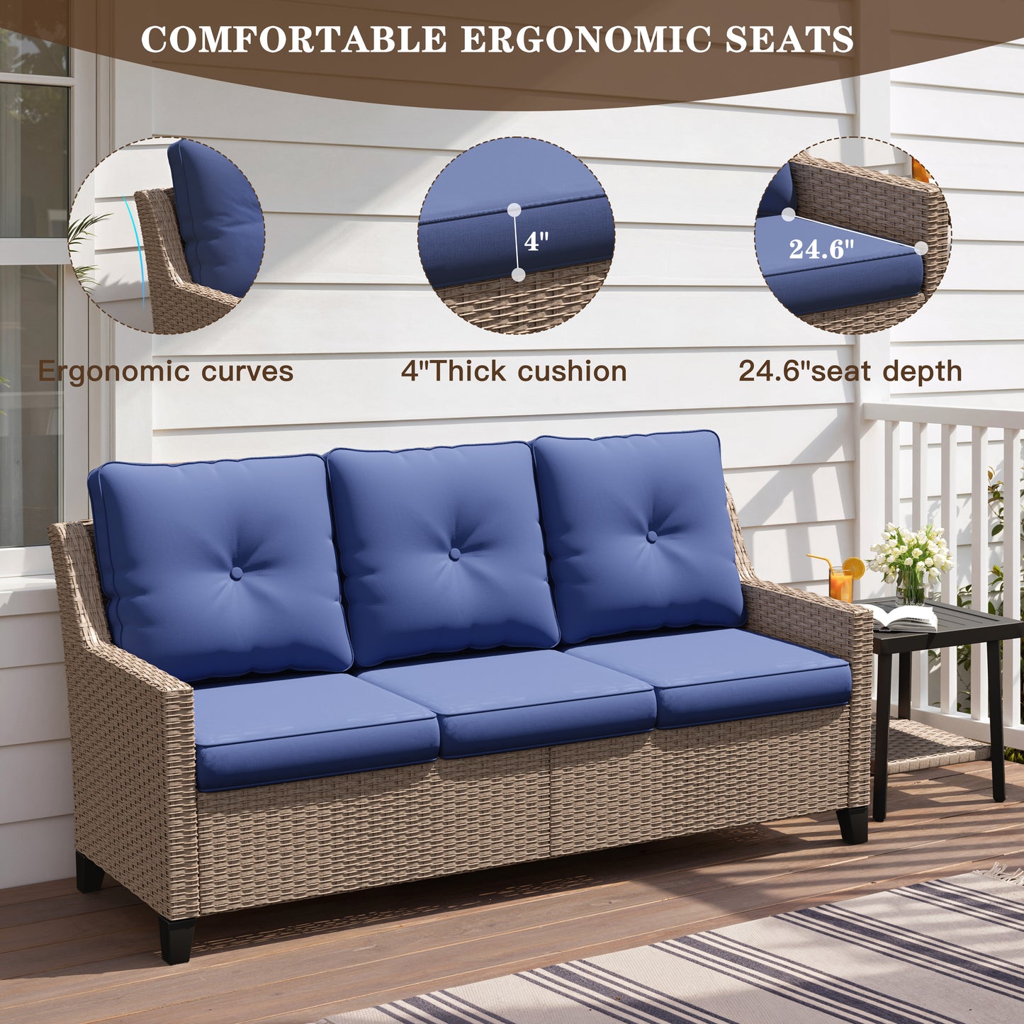 Alto Outdoor Wicker Patio Sofa, 3-Seat Patio Couch with Blue Cushions, PE Rattan Porch Sofa for Backyard, Deck, Garden and Balcony