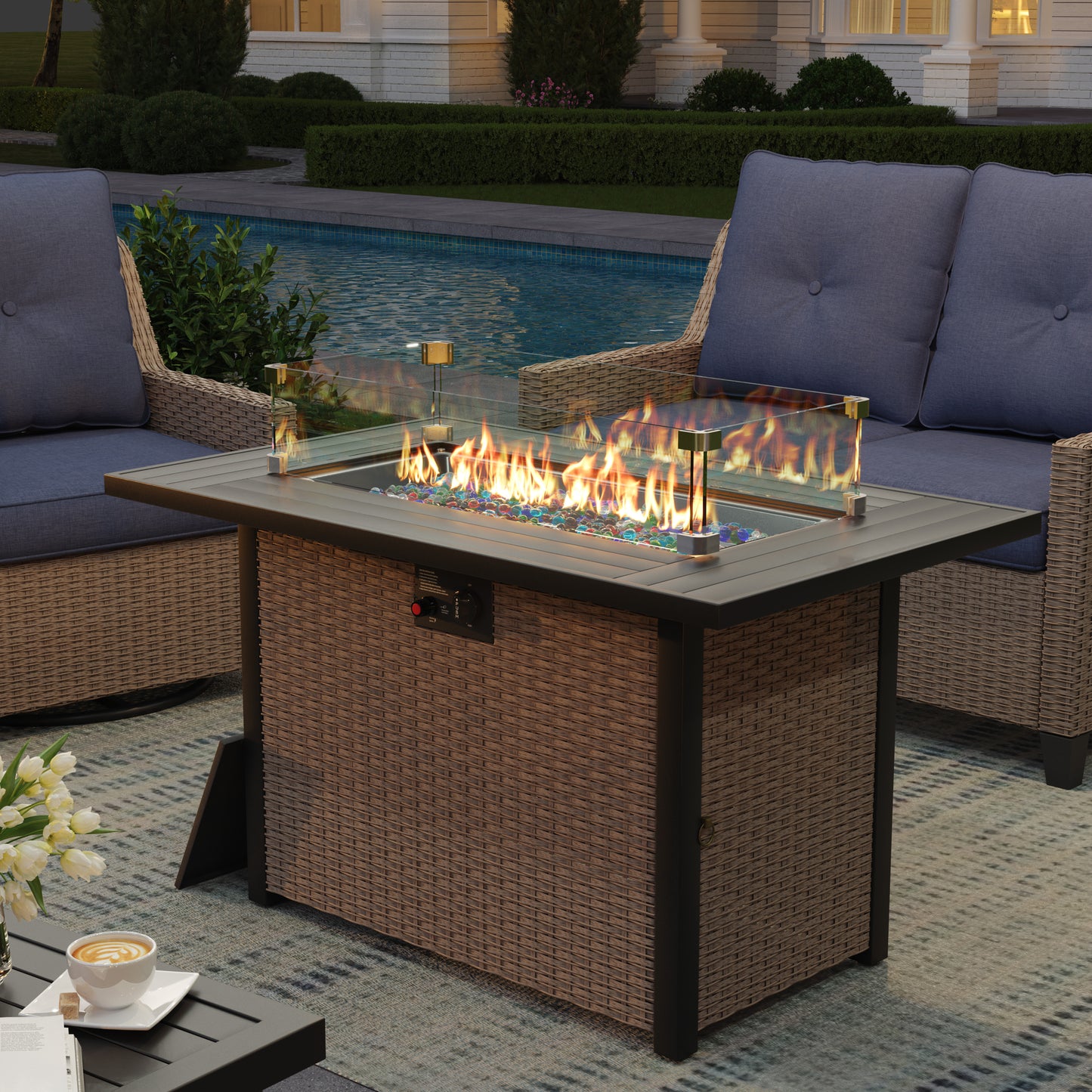 Alto Outdoor Fire Pit Table with Glass Wind Guard, Propane Gas Fire Table, 50,000 BTU Patio Firepit Table with Lid, Wicker Rattan Base, Metal Top, for Backyard, Garden, Porch