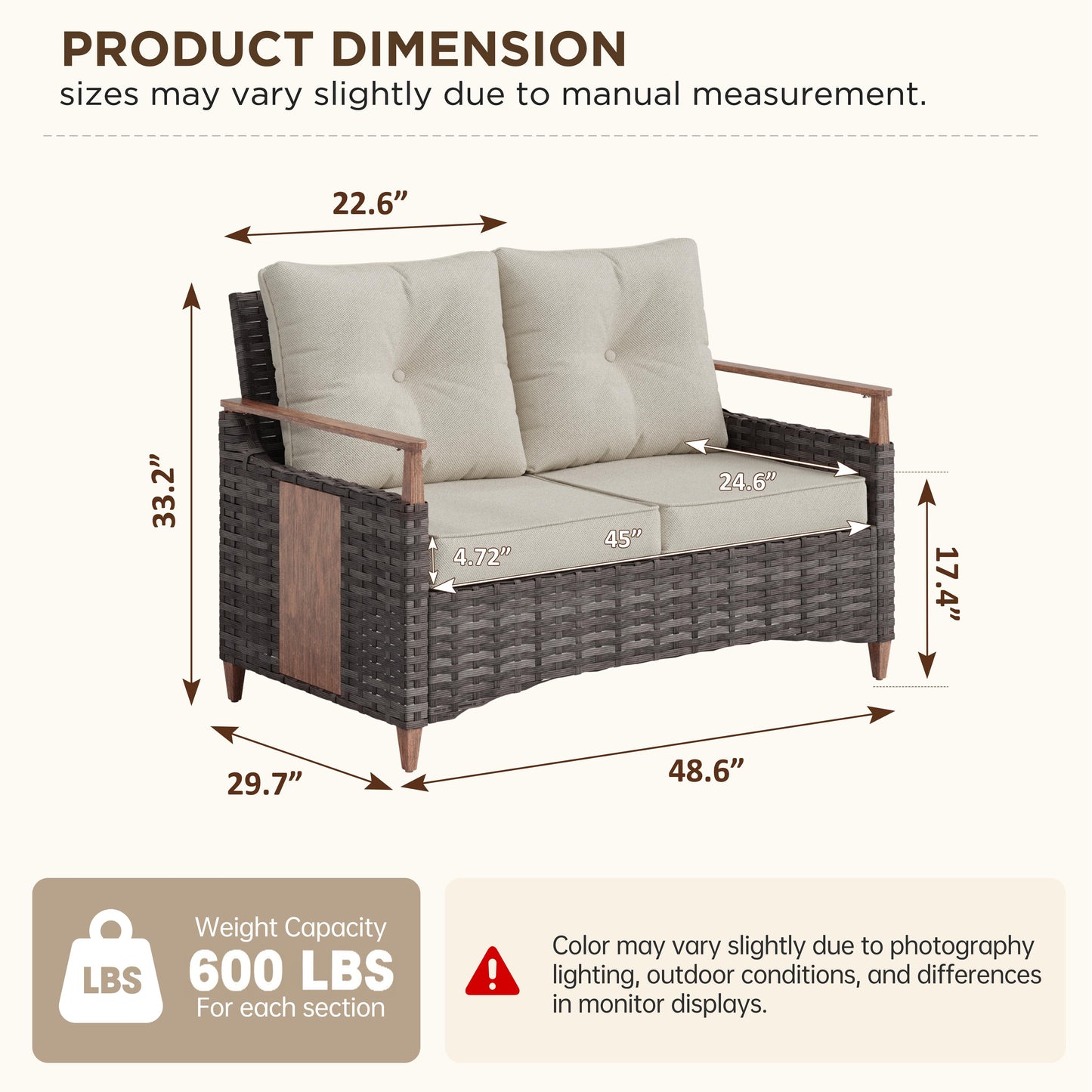 Melvarn Outdoor Wicker Sofa with Cushions, 2-Seat Patio Couch, All-Weather Rattan Outdoor Furniture for Backyard, Balcony, Porch & Garden Seating