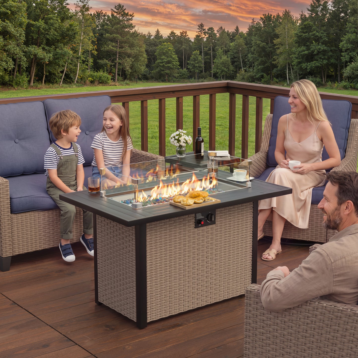 Alto Outdoor Fire Pit Table with Glass Wind Guard, Propane Gas Fire Table, 50,000 BTU Patio Firepit Table with Lid, Wicker Rattan Base, Metal Top, for Backyard, Garden, Porch