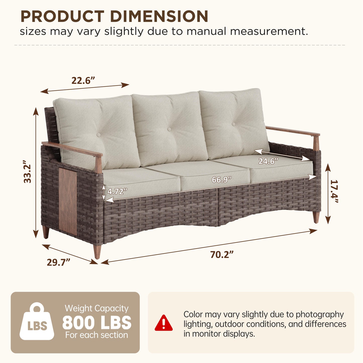 Melvarn Outdoor Wicker Sofa with Cushions, 3-Seat Patio Couch, All-Weather Rattan Outdoor Furniture for Backyard, Balcony, Porch & Garden Seating