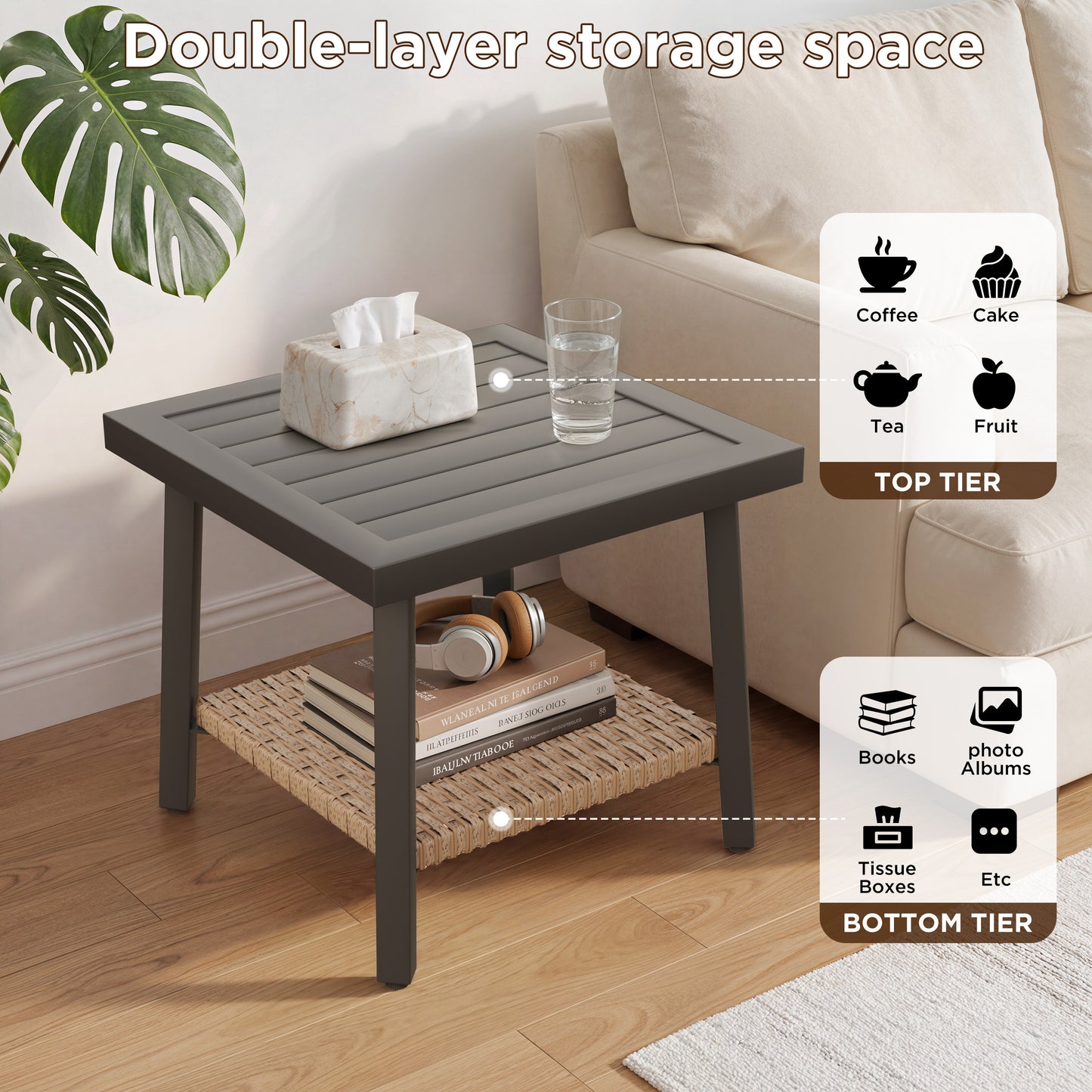Alto Outdoor Side Table with Storage Shelf, Aluminum Patio Side Table with Wicker Bottom Shelf for Balcony, Garden, Deck