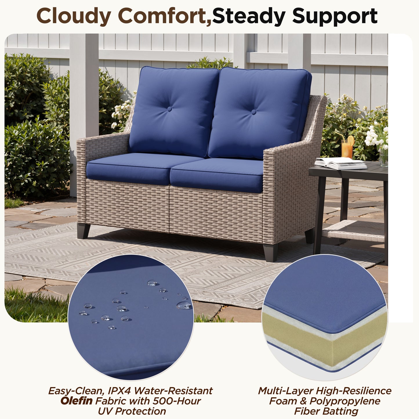 Alto 2-Seat Outdoor Wicker Sofa Loveseat with Blue Olefin Cushions for Porch