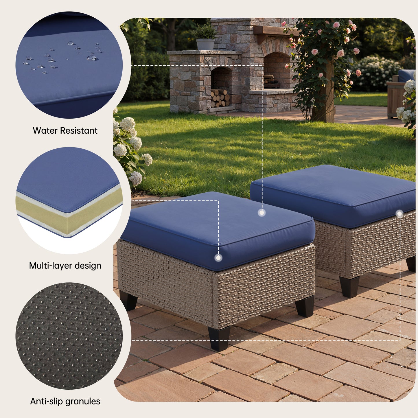 Alto Outdoor Ottoman Set of 2, Wicker Patio Ottomans with 4" Cushions, Outdoor Footstools and Foot Rest for Patio, Porch, Balcony