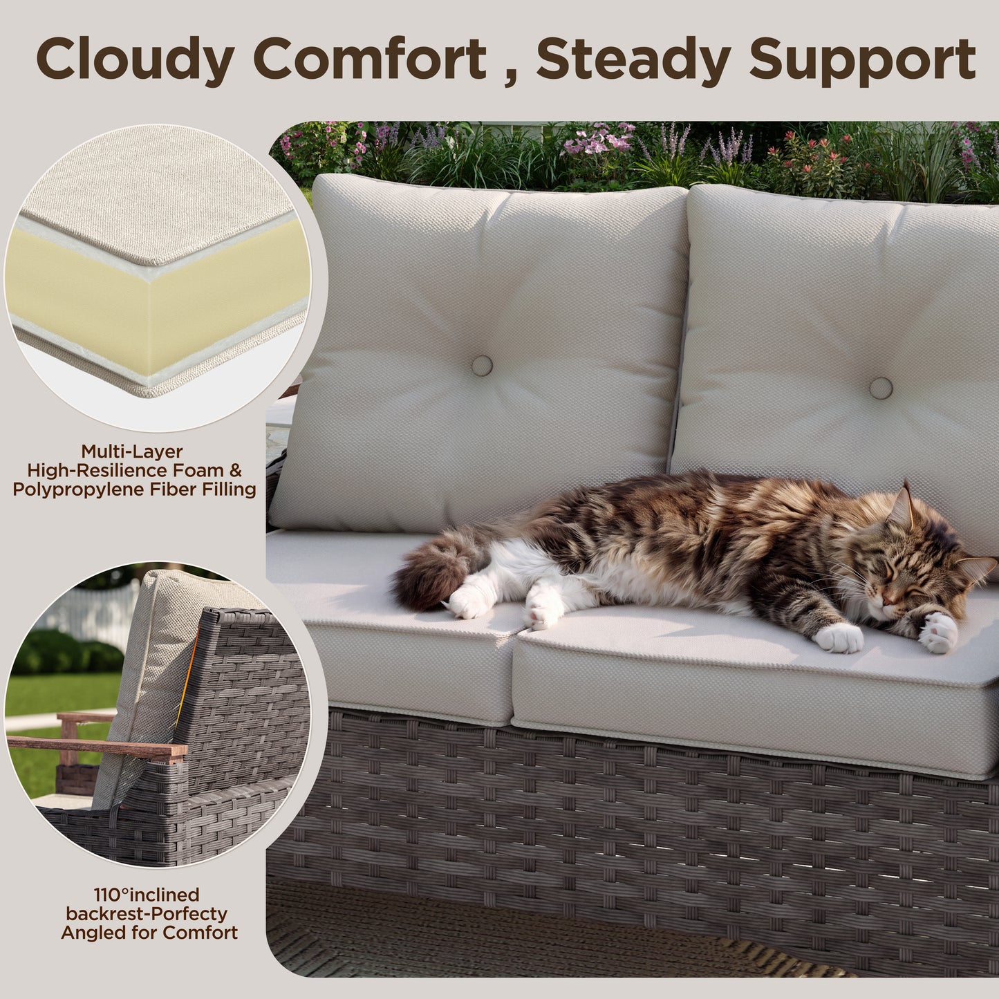 Melvarn Outdoor Wicker Sofa with Cushions, 2-Seat Patio Couch, All-Weather Rattan Outdoor Furniture for Backyard, Balcony, Porch & Garden Seating