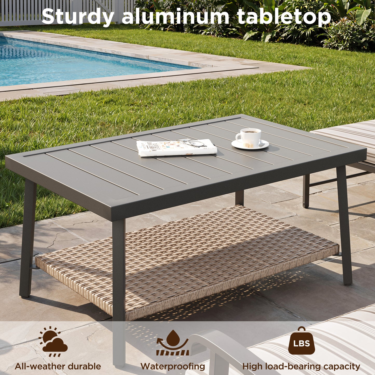 Alto Outdoor Coffee Table, Modern Rectangular Patio Table with Aluminum Top and Metal Frame for Garden, Deck, Balcony,Poolside