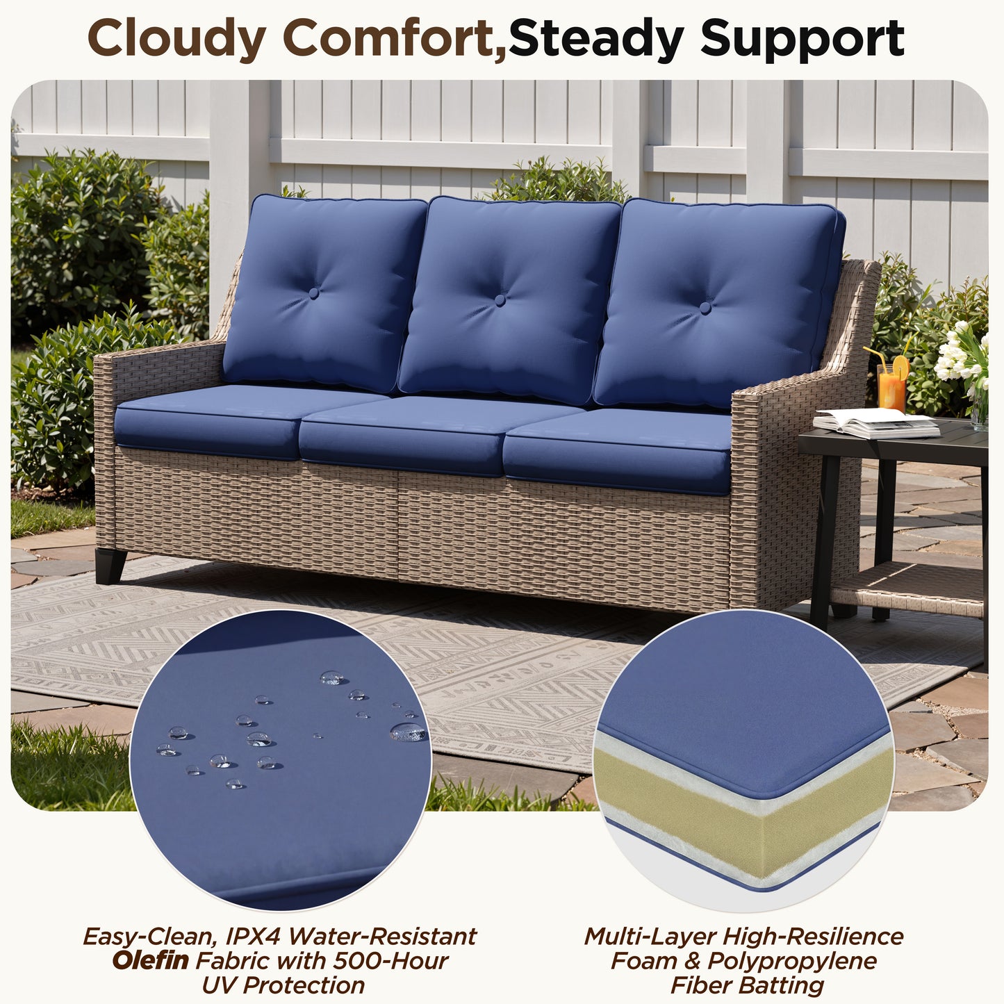 Alto Outdoor Wicker Patio Sofa, 3-Seat Patio Couch with Blue Cushions, PE Rattan Porch Sofa for Backyard, Deck, Garden and Balcony