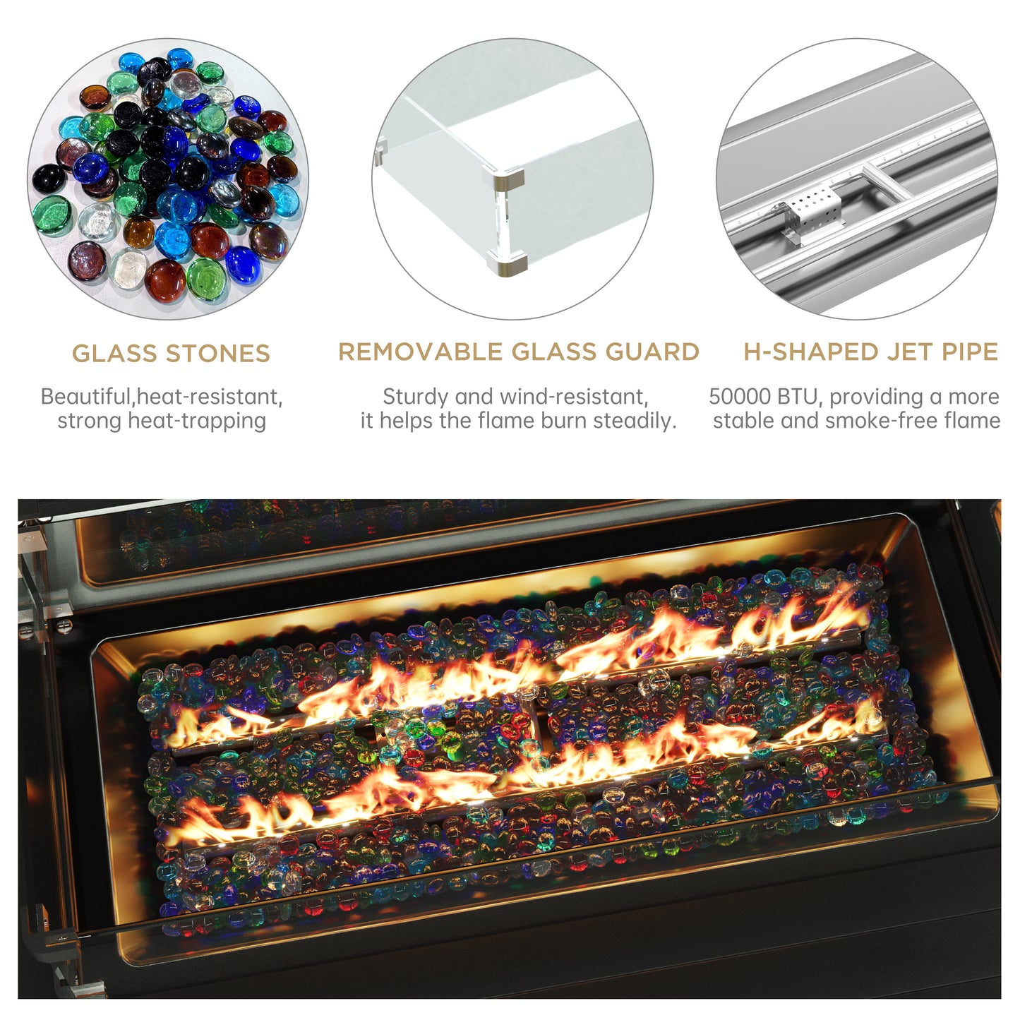 Alto Outdoor Fire Pit Table with Glass Wind Guard, Propane Gas Fire Table, 50,000 BTU Patio Firepit Table with Lid, Wicker Rattan Base, Metal Top, for Backyard, Garden, Porch