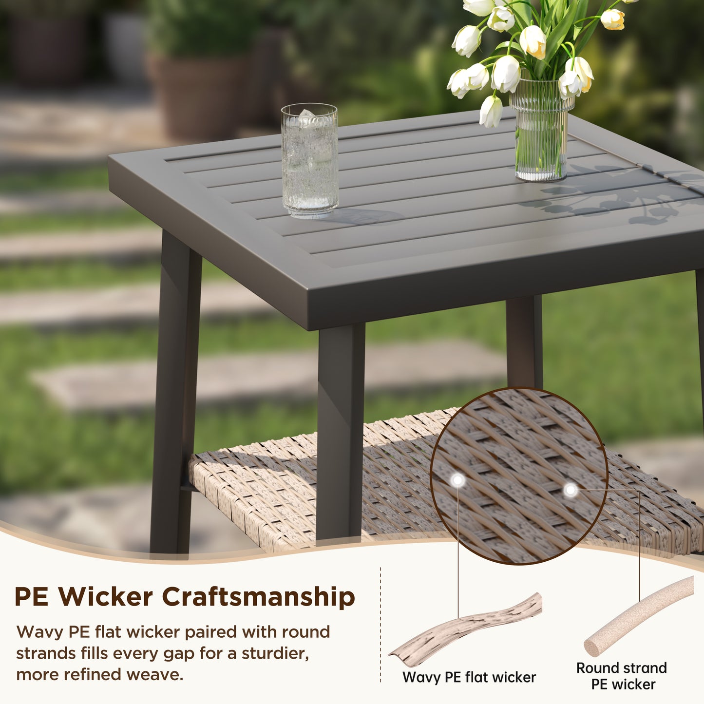 Alto Outdoor Side Table with Storage Shelf, Aluminum Patio Side Table with Wicker Bottom Shelf for Balcony, Garden, Deck
