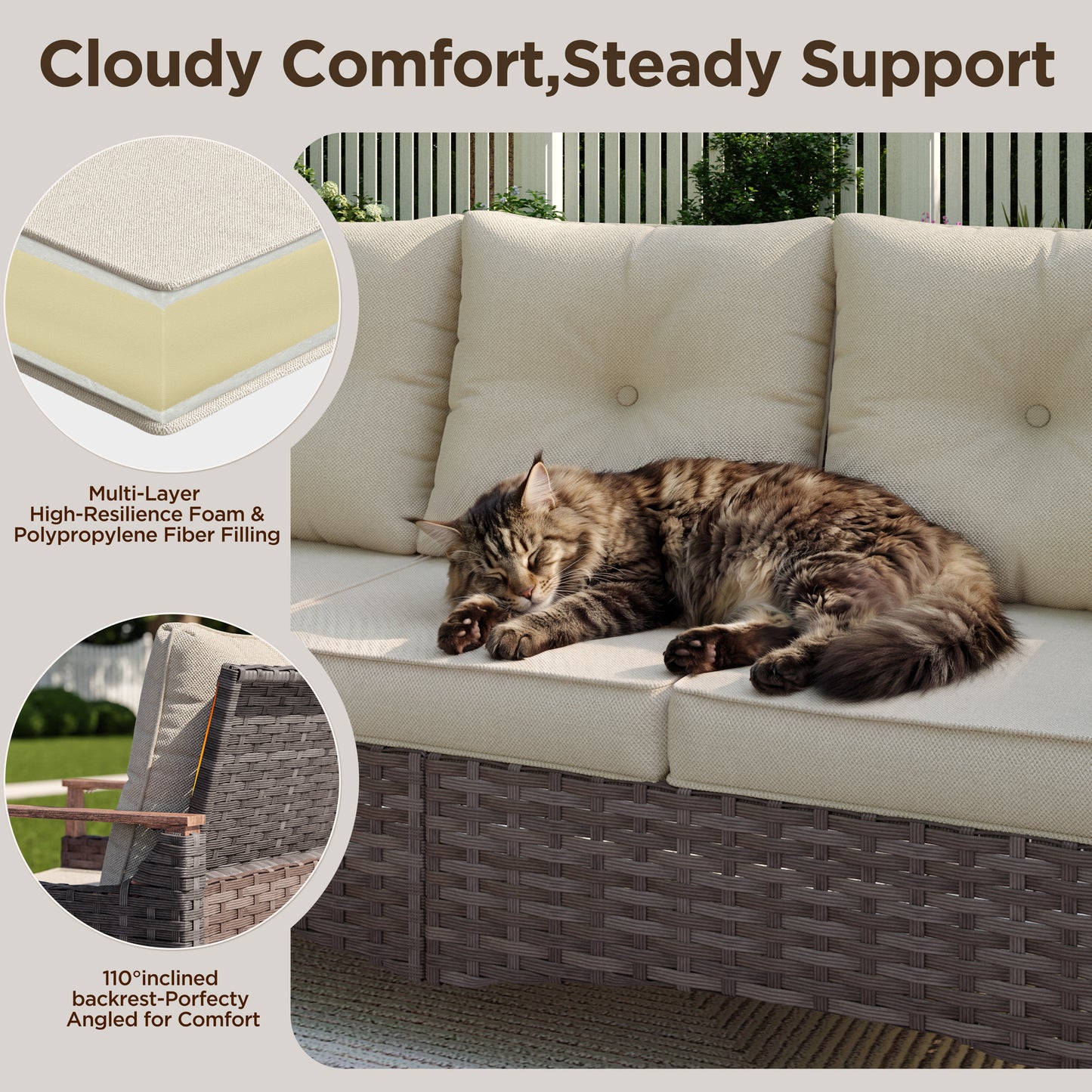 Melvarn Outdoor Wicker Sofa with Cushions, 3-Seat Patio Couch, All-Weather Rattan Outdoor Furniture for Backyard, Balcony, Porch & Garden Seating