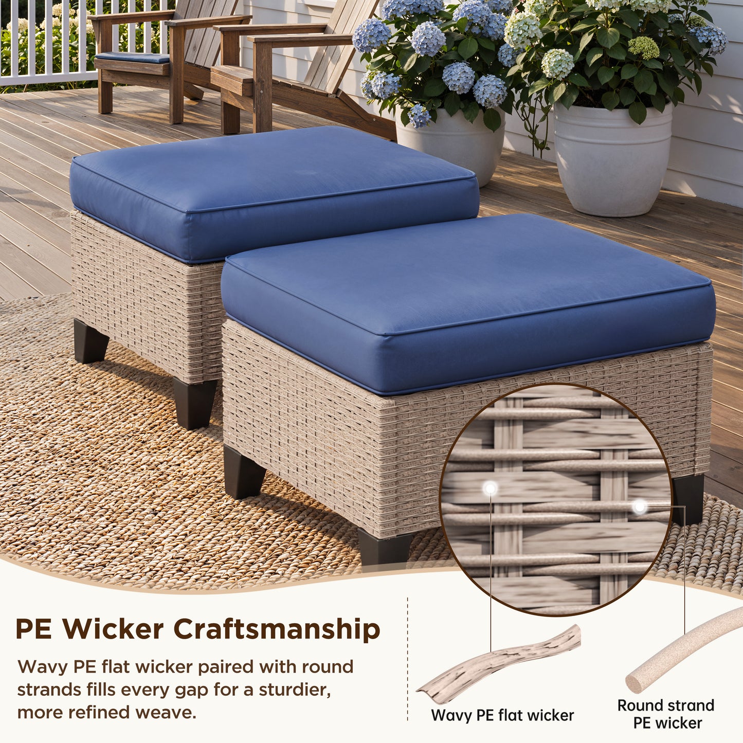Alto Outdoor Ottoman Set of 2, Wicker Patio Ottomans with 4" Cushions, Outdoor Footstools and Foot Rest for Patio, Porch, Balcony