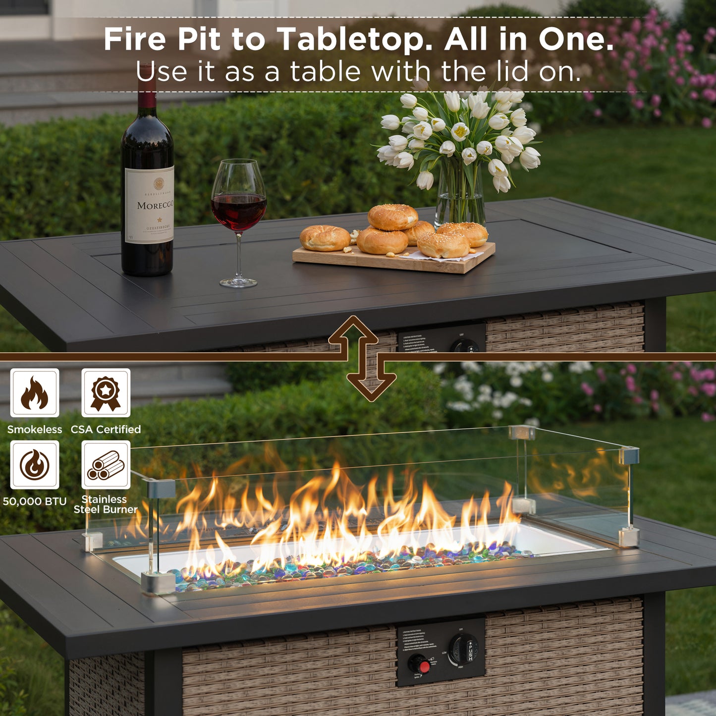 Alto Outdoor Fire Pit Table with Glass Wind Guard, Propane Gas Fire Table, 50,000 BTU Patio Firepit Table with Lid, Wicker Rattan Base, Metal Top, for Backyard, Garden, Porch