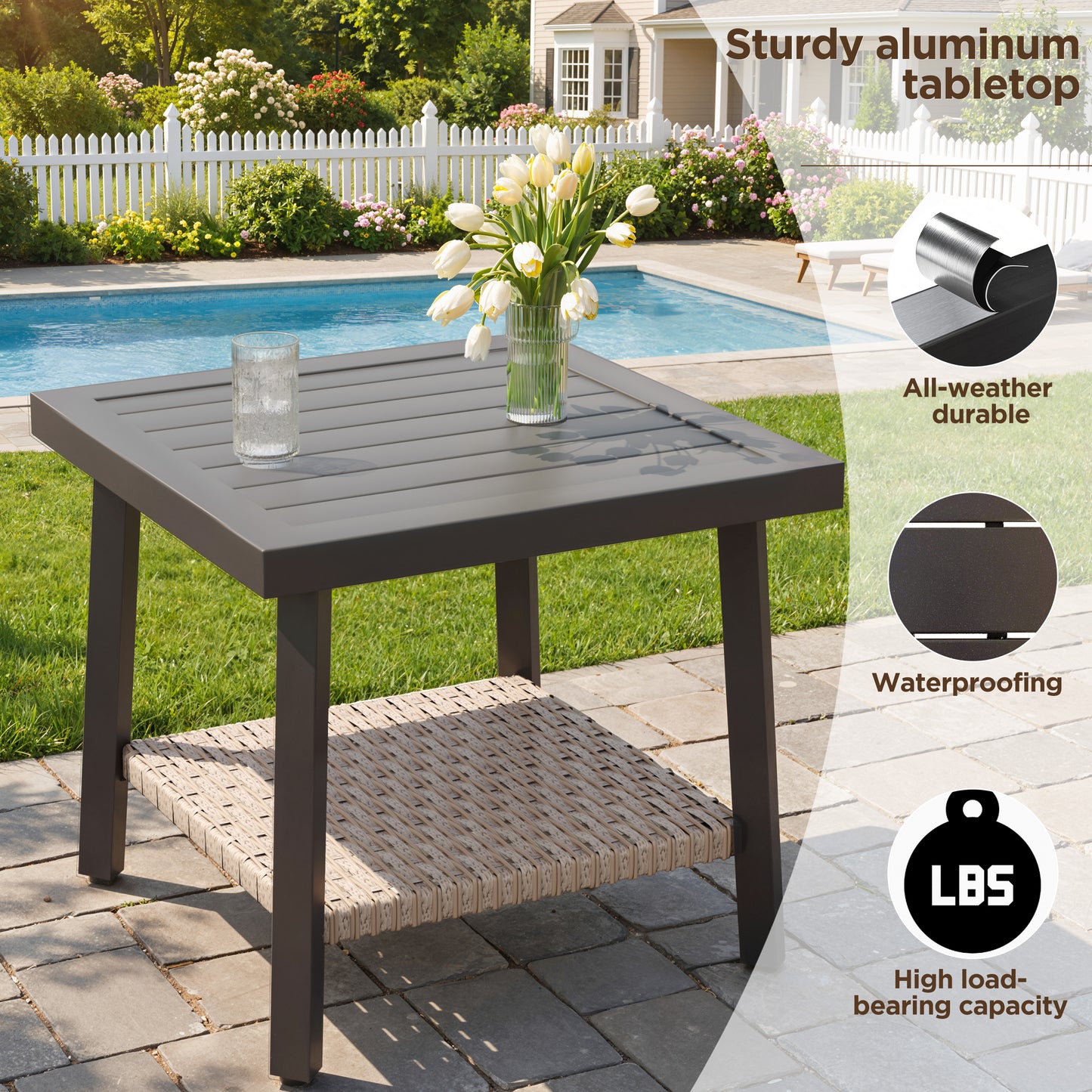 Alto Outdoor Side Table with Storage Shelf, Aluminum Patio Side Table with Wicker Bottom Shelf for Balcony, Garden, Deck
