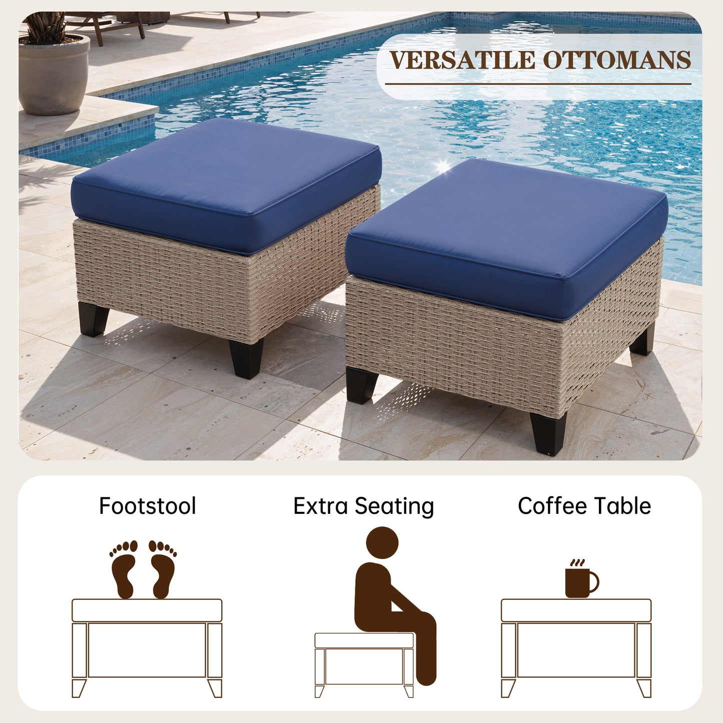 Alto Outdoor Ottoman Set of 2, Wicker Patio Ottomans with 4" Cushions, Outdoor Footstools and Foot Rest for Patio, Porch, Balcony