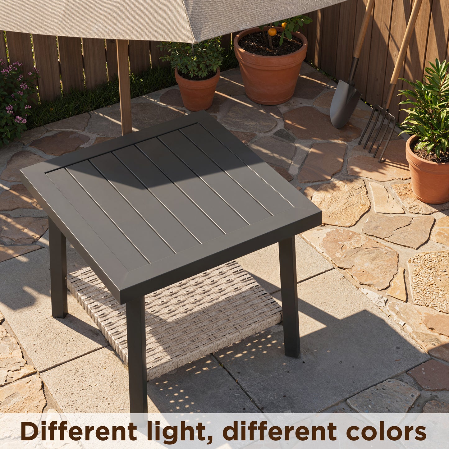 Alto Outdoor Side Table with Storage Shelf, Aluminum Patio Side Table with Wicker Bottom Shelf for Balcony, Garden, Deck