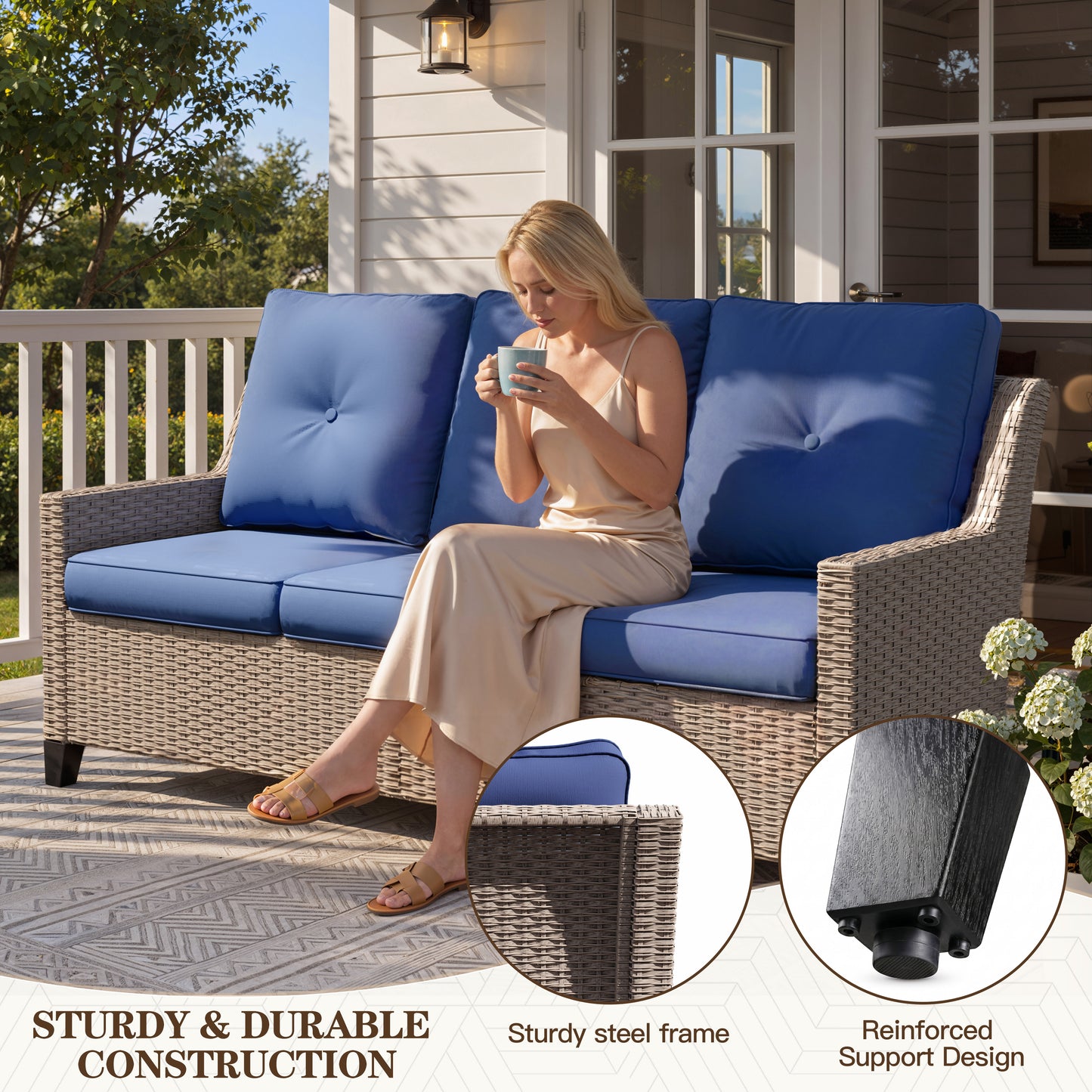 Alto Outdoor Wicker Patio Sofa, 3-Seat Patio Couch with Blue Cushions, PE Rattan Porch Sofa for Backyard, Deck, Garden and Balcony