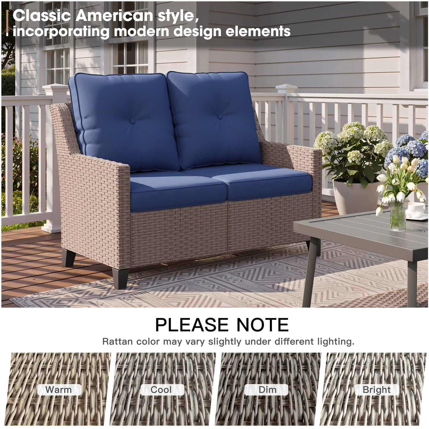 Alto 2-Seat Outdoor Wicker Sofa Loveseat with Blue Olefin Cushions for Porch
