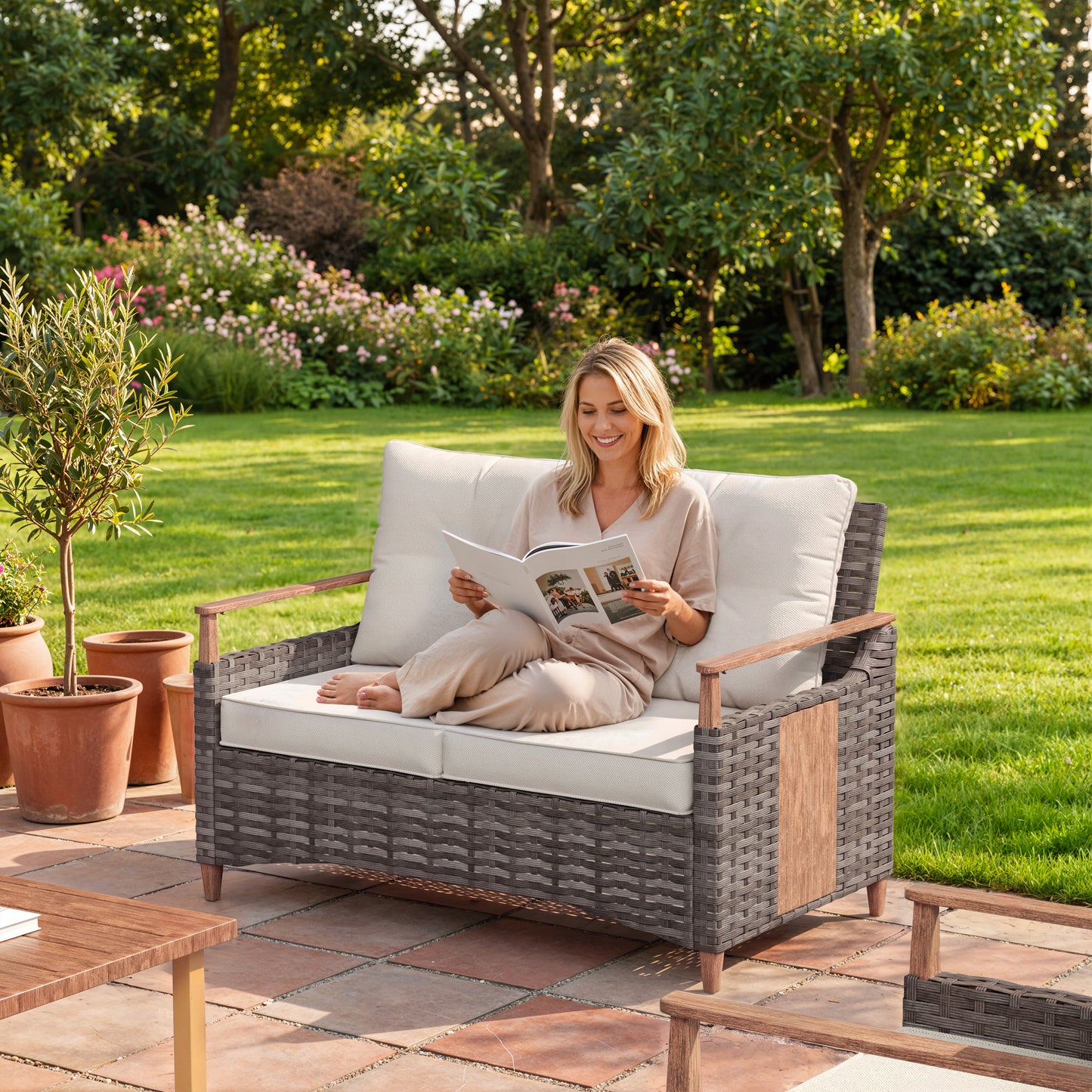 Melvarn Outdoor Wicker Sofa with Cushions, 2-Seat Patio Couch, All-Weather Rattan Outdoor Furniture for Backyard, Balcony, Porch & Garden Seating