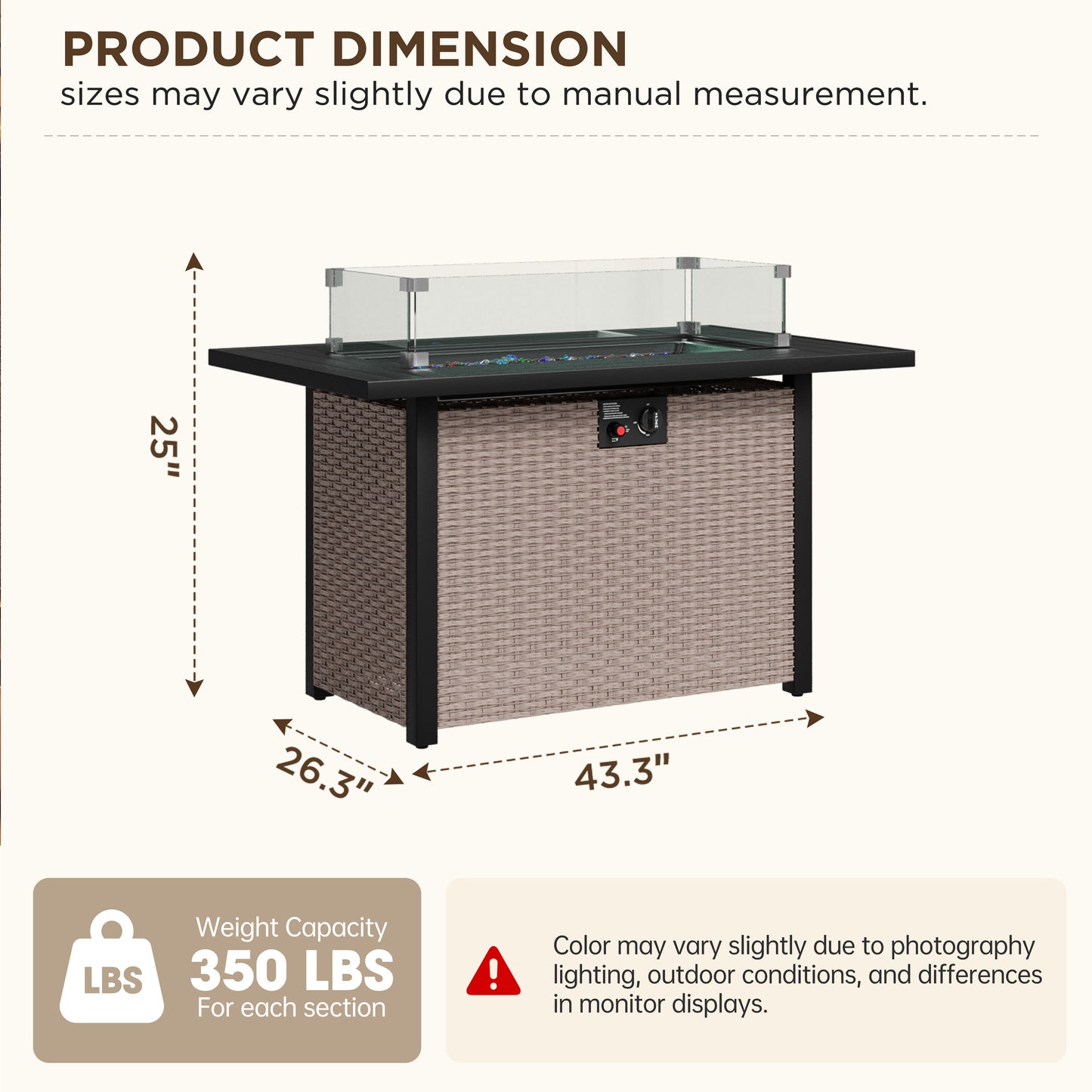 Alto Outdoor Fire Pit Table with Glass Wind Guard, Propane Gas Fire Table, 50,000 BTU Patio Firepit Table with Lid, Wicker Rattan Base, Metal Top, for Backyard, Garden, Porch
