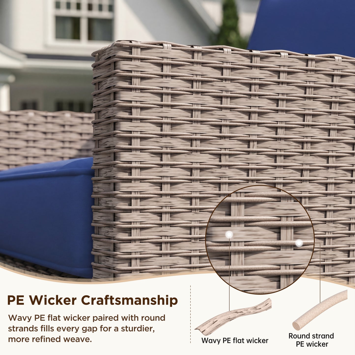 Alto Outdoor Wicker Patio Sofa, 3-Seat Patio Couch with Blue Cushions, PE Rattan Porch Sofa for Backyard, Deck, Garden and Balcony