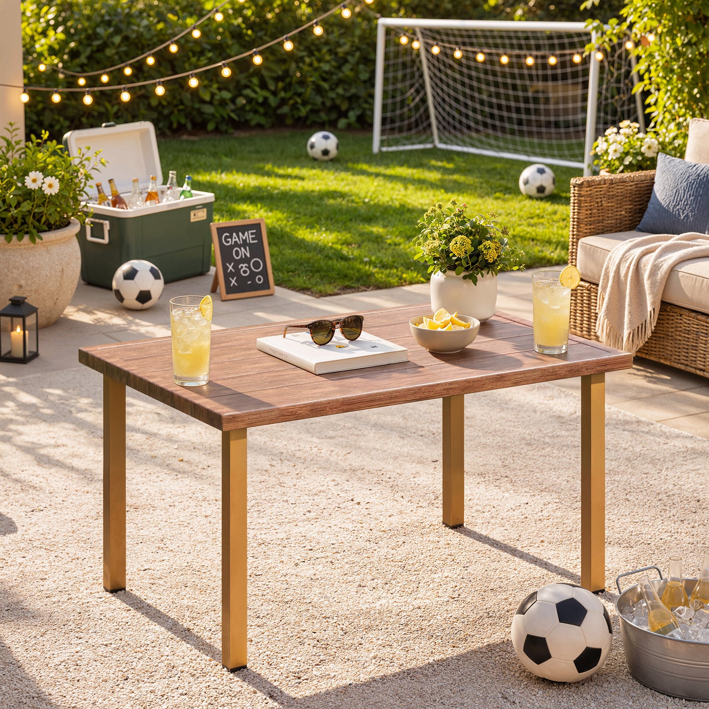 Melvarn Outdoor Coffee Table 37.4", Metal Patio Table with Wood Grain Top, Weather Resistant