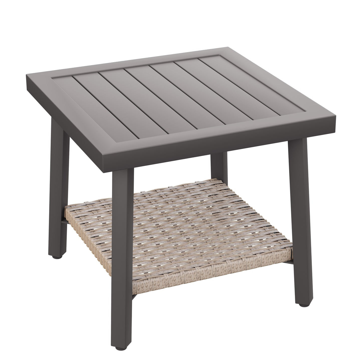 Alto Outdoor Side Table with Storage Shelf, Aluminum Patio Side Table with Wicker Bottom Shelf for Balcony, Garden, Deck