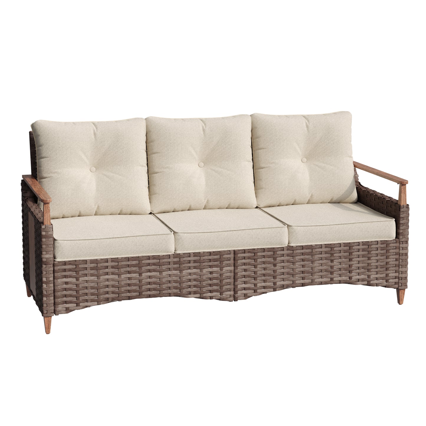 Melvarn Outdoor Wicker Sofa with Cushions, 3-Seat Patio Couch, All-Weather Rattan Outdoor Furniture for Backyard, Balcony, Porch & Garden Seating