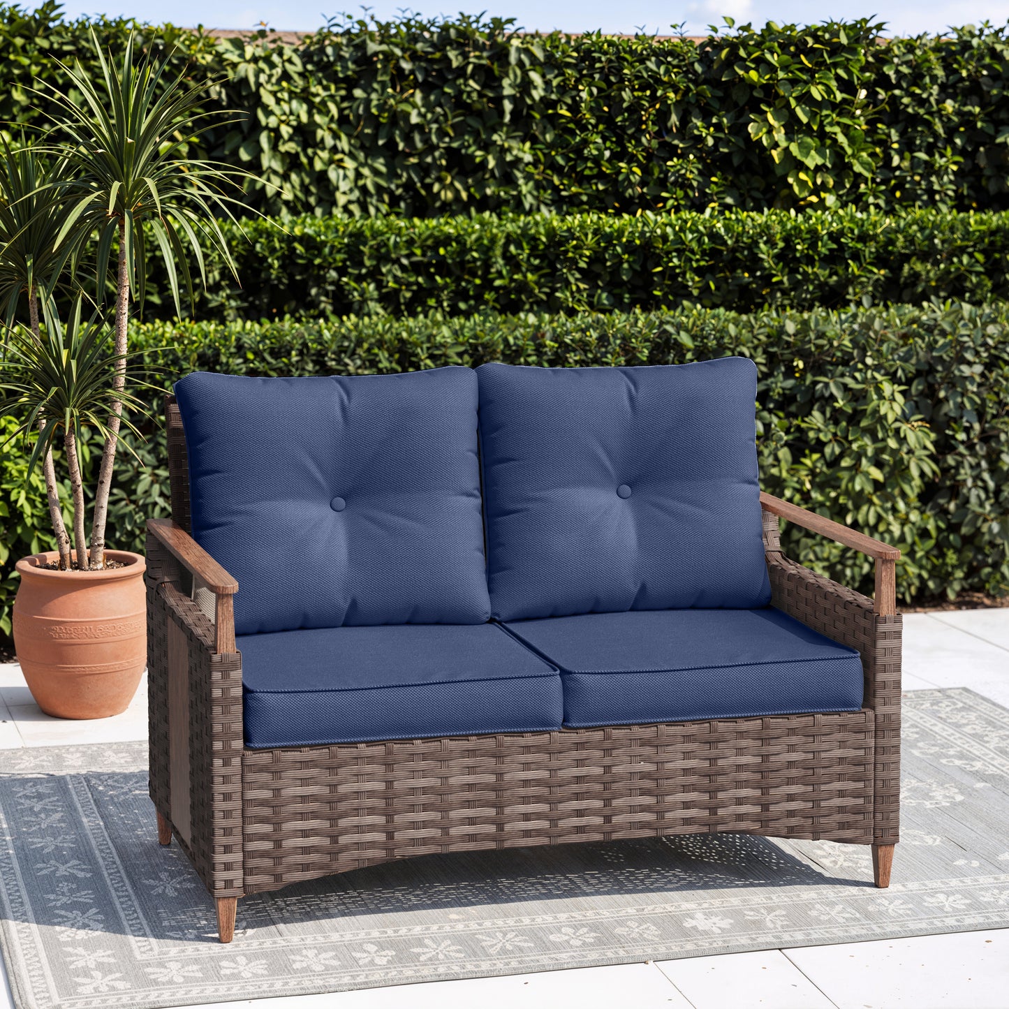 Melvarn Outdoor Wicker Sofa with Cushions, 2-Seat Patio Couch, All-Weather Rattan Outdoor Furniture for Backyard, Balcony, Porch & Garden Seating