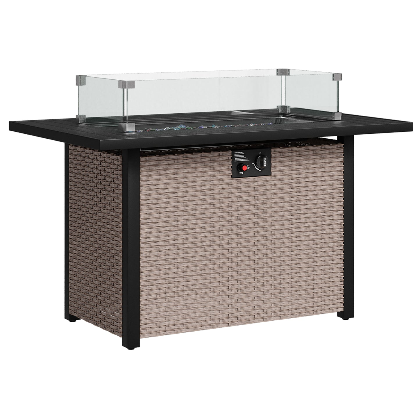 Alto Outdoor Fire Pit Table with Glass Wind Guard, Propane Gas Fire Table, 50,000 BTU Patio Firepit Table with Lid, Wicker Rattan Base, Metal Top, for Backyard, Garden, Porch