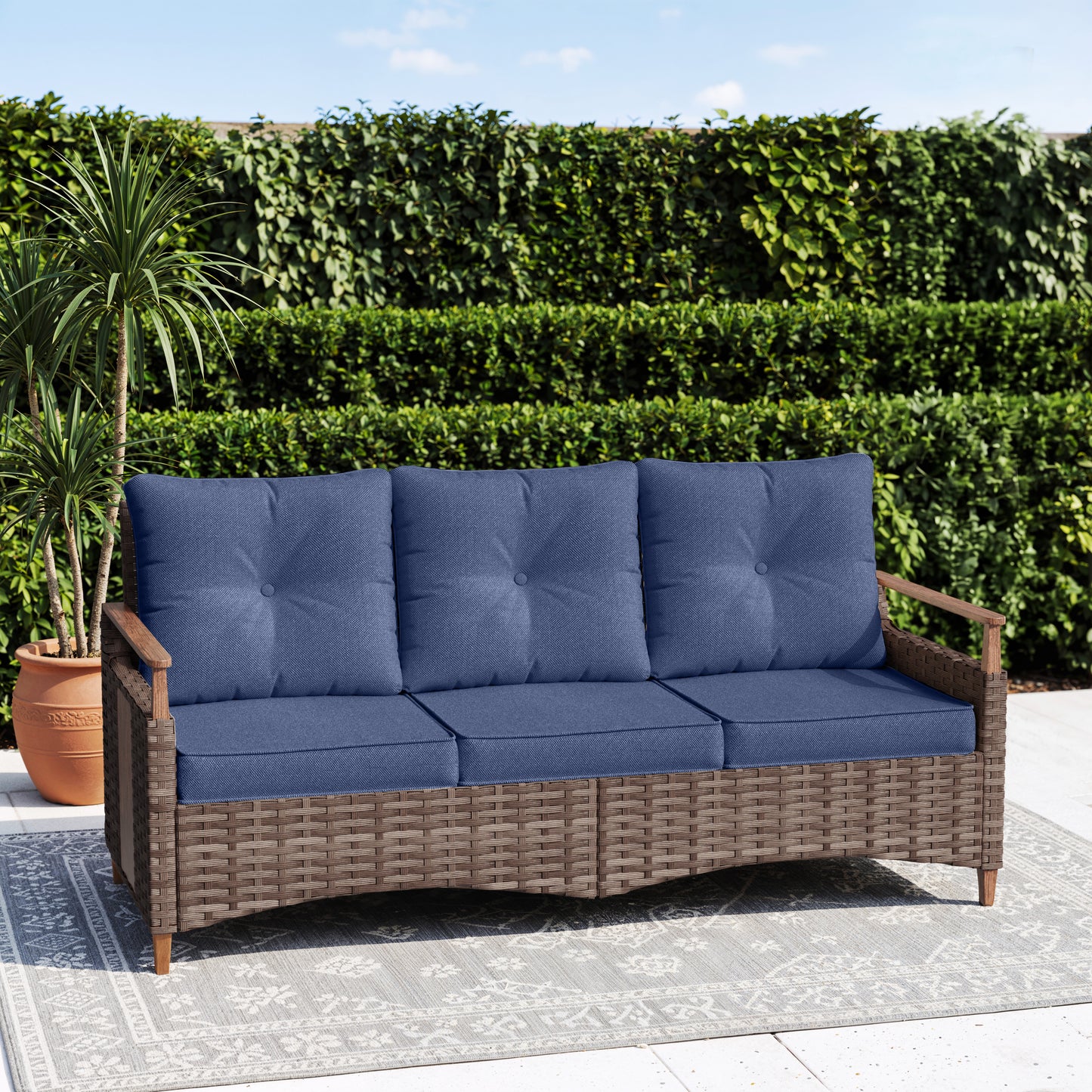Melvarn Outdoor Wicker Sofa with Cushions, 3-Seat Patio Couch, All-Weather Rattan Outdoor Furniture for Backyard, Balcony, Porch & Garden Seating