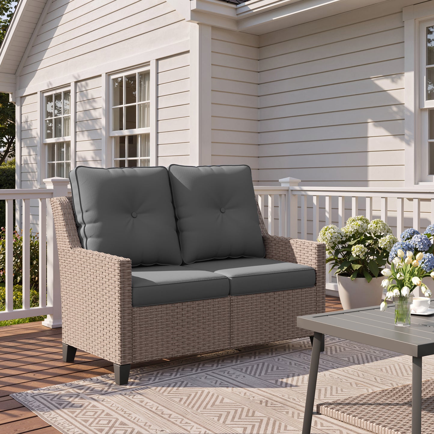Alto 2-Seat Outdoor Wicker Sofa Loveseat with Blue Olefin Cushions for Porch