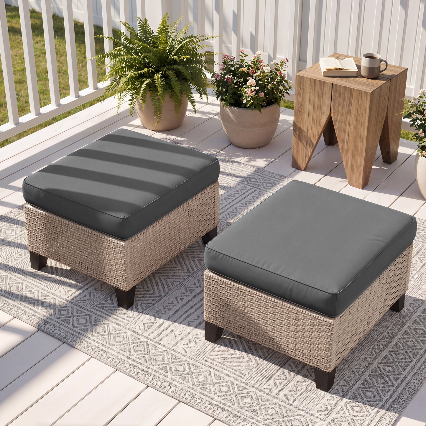 Alto Outdoor Ottoman Set of 2, Wicker Patio Ottomans with 4" Cushions, Outdoor Footstools and Foot Rest for Patio, Porch, Balcony