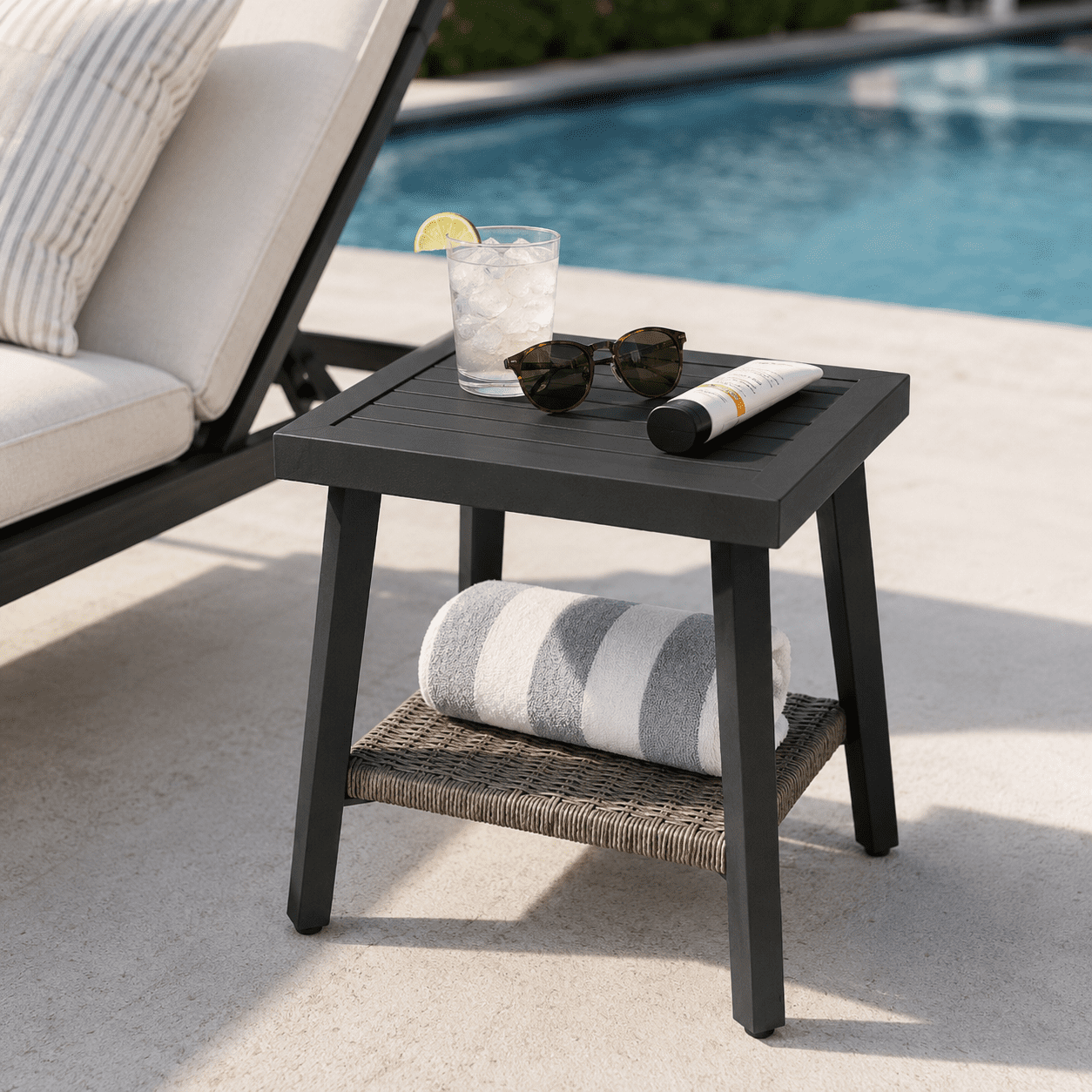 NestNook Outdoor Side Table with Storage Shelf, Aluminum Patio Side Table with Wicker Bottom Shelf for Balcony, Garden, Deck, Black