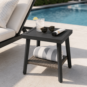 Alto  Outdoor Side Table with Storage Shelf, Aluminum Patio Side Table with Wicker Bottom Shelf for Balcony, Garden, Deck, Black