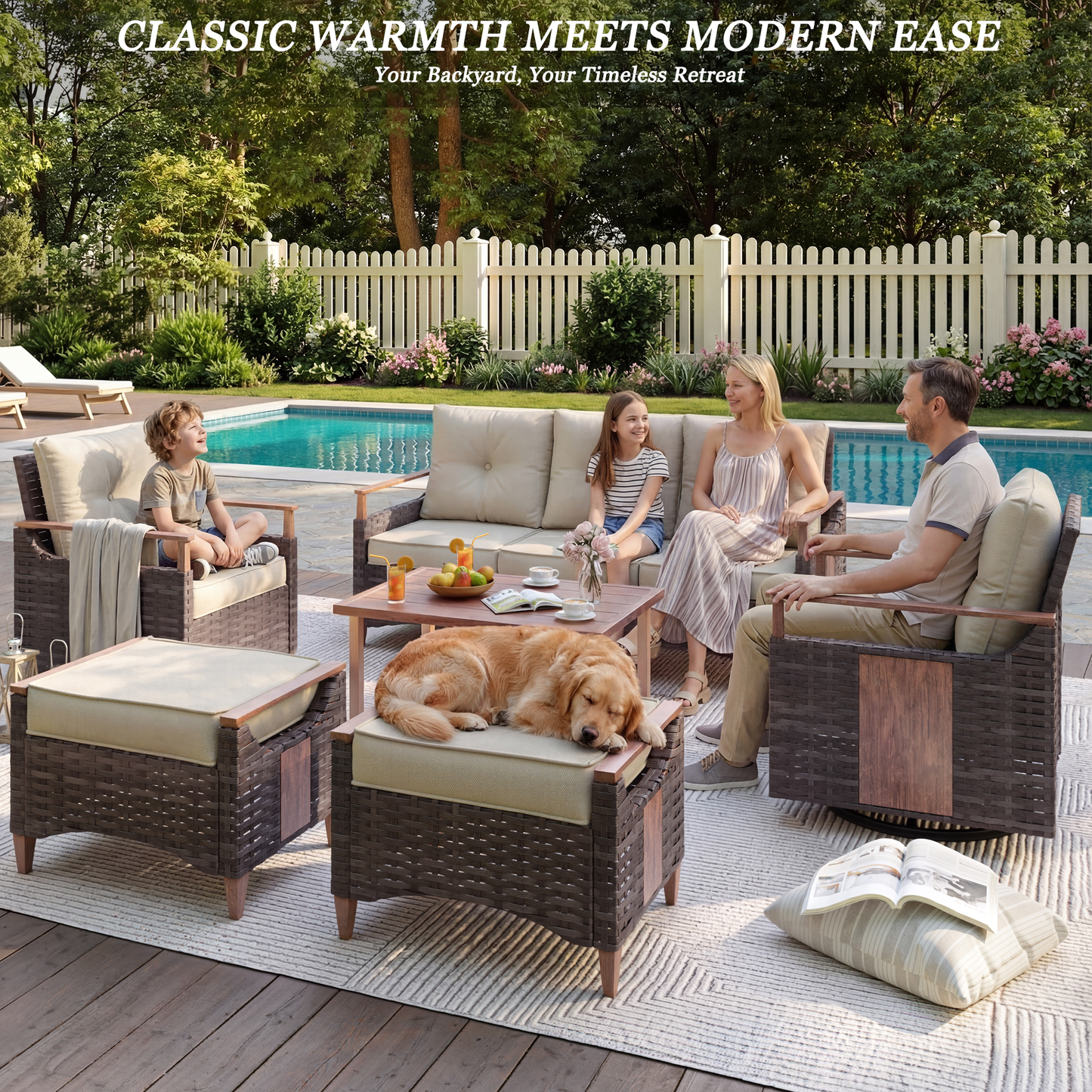 Melvarn 6-Piece Outdoor Wicker Swivel Glider Patio Conversation Sets with Cushions