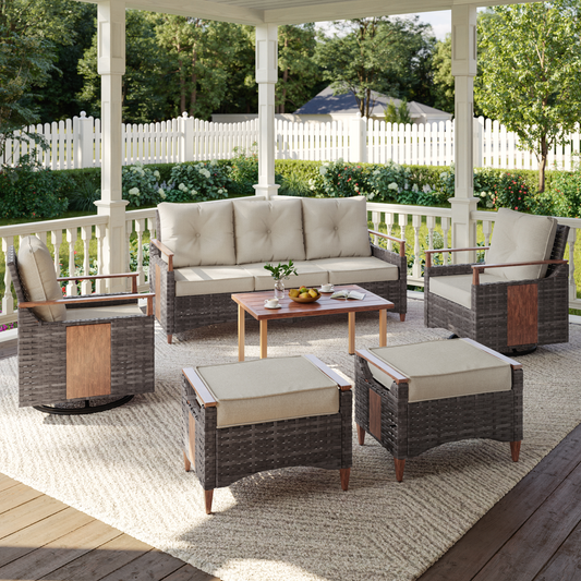 Melvarn 6-Piece Outdoor Wicker Swivel Glider Patio Conversation Sets with Cushions