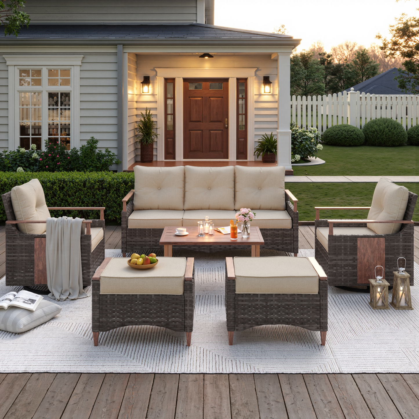 Melvarn 6-Piece Outdoor Wicker Swivel Glider Patio Conversation Sets with Cushions