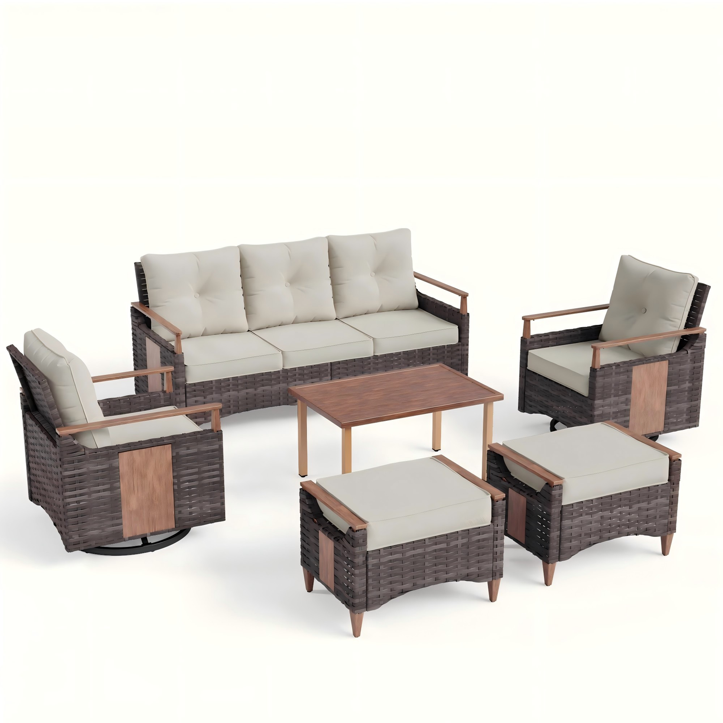 Melvarn 6-Piece Outdoor Wicker Swivel Glider Patio Conversation Sets with Cushions