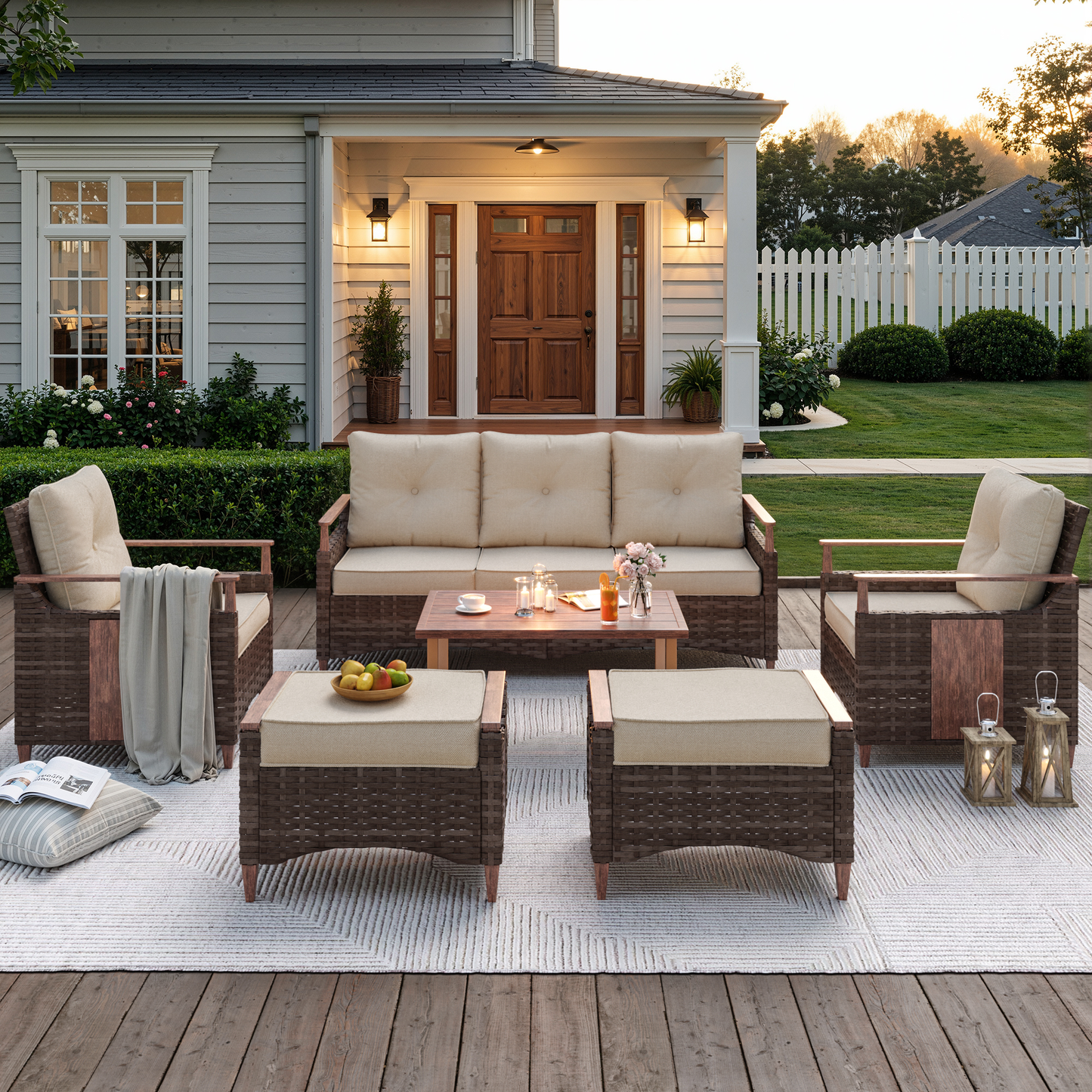 Melvarn 6-Piece Wicker Patio Conversation Sets Outdoor Seating Group with Cushions