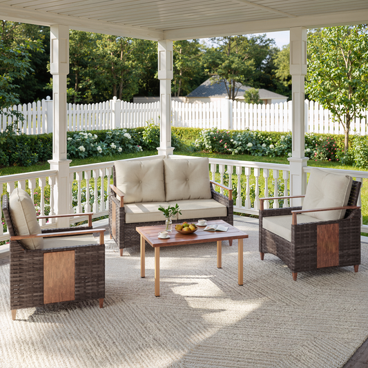 Melvarn 4-Piece Wicker Patio Conversation Sets Outdoor Seating Group with Cushions